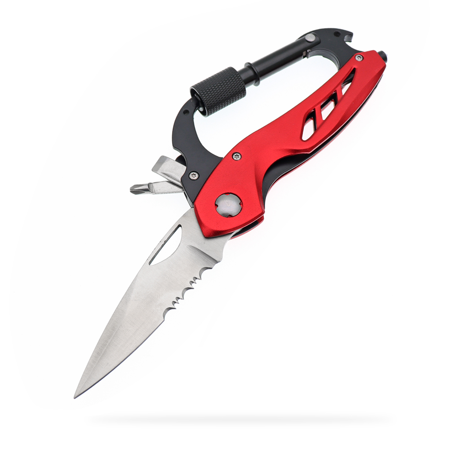 Manufacturers Supply Stainless Steel Multi-Functional Carabiner Folding Knife Screwdriver Broken Window Nail Edc Tool Outdoor Folding Knife