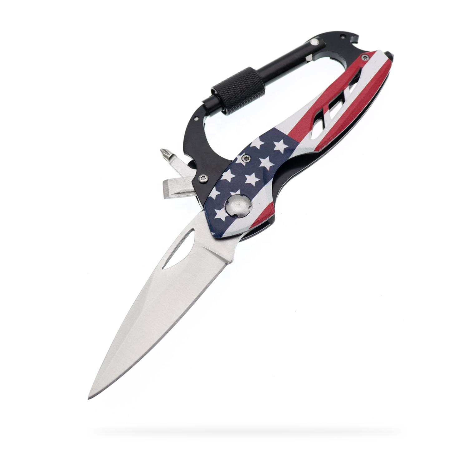 Supply Camo Flag Carabiner With Pocket Knife, Edc Carabiners Keychain With Folding Knives Bottle Opener Window Breaker And Screwdriver